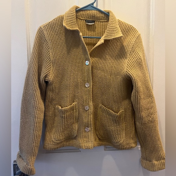 Vintage Chartreuse Waffle Knit Cropped Button Up - Size Small - Picture 1 of 3